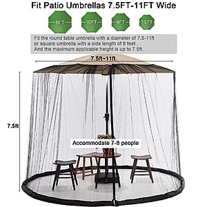 $19.99 AMAZON 7.5-11 FT Patio Umbrella Mosquito Net, Polyester Mesh Umbrella Screen, Universal Canopy Umbrella Mosquito Netting with Zipper Door