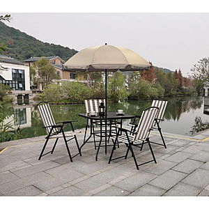 $111.99: Lark Manor™ Hollifield 4 Person Patio Dining Set with Square Table, Chairs & Umbrella at Wayfair