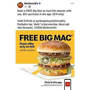 9/9 Only - Free Big Mac sandwich with $2 purchase (App deal)