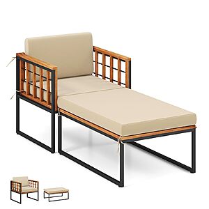 $73.09: Tangkula Acacia Wood Chaise Lounge Chair & Ottoman Set, 1200 lbs Capacity(Beige) at Amazon