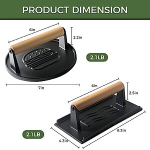 $16 AMAZON Cast Iron Smash Burger Press, Round & Rectangle Grooved 2PCS, Grill Bacon Meat Press Tool, Perfect for Blackstone Camp Chef Weber Grills,
