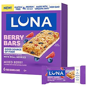 LUNA Berry Bars Mixed Berry, Fiber Granola Bars, Gluten Free, 6ct $3.99 or less
