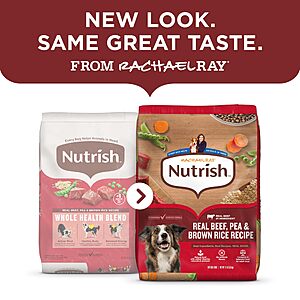 $30.21 S&S Q or less Nutrish Dry Dog Food, Beef, Pea & Brown Rice, 40 lb. Bag (Rachael Ray) |