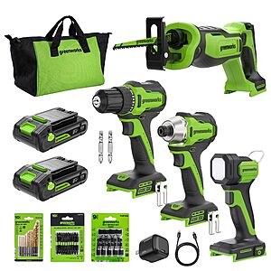 YMMV Greenworks 24V (4-Tool) Brushless Combo(Drill+Impact Driver+Recip Saw Flashlight),2*2.0Ah USB-C Batteries & a Charger ,29Pcs Titanium Drill+Impact Bits+Nut Drivers $191.99