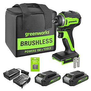 YMMV Greenworks 24V Brushless Cordless Impact Driver Kit, 1950 in./lbs Torque, 1/4'' Hex Collet ,2×2Ah Batteries with 2A Charger, 8pcs Drill/Driver Bits with Tool Bag $51.99