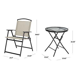 $48 FS WALMART 2 Folding Chairs and Small Patio Glass Bistro Table in Beige or Red