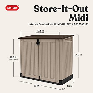 Keter Store-It-Out MIDI Outdoor Resin Storage Shed – Weather-Resistant Horizontal Cabinet for Trash Cans, Easy-Lift Lid, 30 Cu. Ft. Capacity, Beige $179