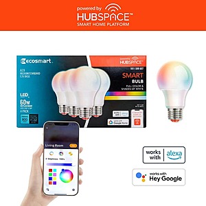 $19.98 Home Depot 60-Watt Equivalent Smart A19 E26 Base Color Changing CEC LED Light Bulb with Voice Control (4-Bulb)