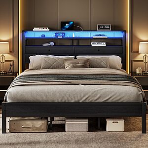 $129.99: DUMOS King Bed Frame with Headboard Drawers, RGB Light & Charging Station at Amazon, Free Shipping