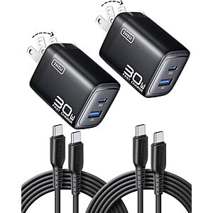2-Pk INIU 30W GaN Mini USB-C/A Wall Charger w/ 2x 5' USB-C Cable (Black) $8.90