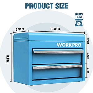 $28 FS WALMART+ by GreatStar WORKPRO Mini Metal Tool Box with 2 Drawers and Top Storage, Small Tool Chest with PVC Liners and PP Feet Pads