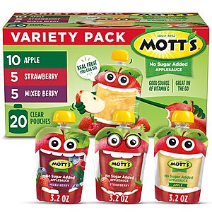 20-Pack 3.2-Oz Mott's No Sugar Added Applesauce Variety Pack (Apple, Strawberry & Mixed Berry) $7.78 w/ S&S + Free Shipping w/ Prime or on $35+