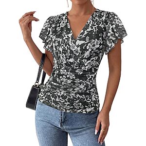 Amazon – GRACE KARIN Women's Floral Mesh Wrap V-Neck Tops - $9.99–$13.05 w/ Code