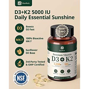 $1.99 ac AMAZON  Vitamin D3 K2 5000IU, All-Trans MK-7 100mcg, 120 Softgels