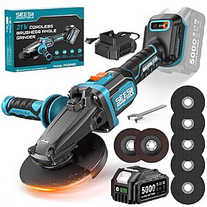 SEESII 21V Cordless Flathead Brushless 4-1/2" to 5" Angle Grinder Kit w/ 5.0Ah Battery & Charger (Blue) $55.79, More + Free Shipping