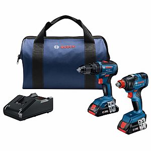 Bosch GXL18V-233B25 18V 2-Tool Combo Kit with 1/2 In. Hammer Drill/Driver, Two-In-One 1/4 In. and 1/2 In. Bit/Socket Impact Driver/Wrench and (2) CORE18V® 4 Ah Advanced $245.70