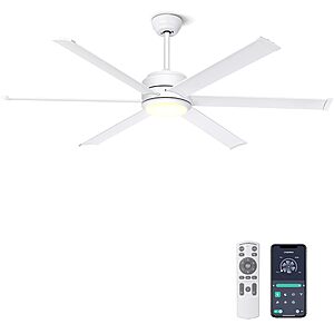Ohniyou 60" Industrial DC Motor Ceiling Fan w/ Dimmable 3CCT Light & Remote/App Control (White) $89.75 + Free Shipping