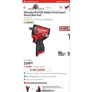 Milwaukee M12 FUEL Stubby 1/2 Inch Impact Wrench + M12 REDLITHIUM HIGH OUTPUT XC5.0 $229