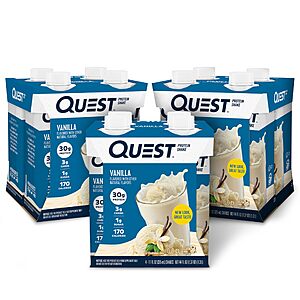 Quest Nutrition Vanilla Protein Shake, 30g Protein, 12 Count 3g Net Carbs, 1g Sugar, Creamy Vanilla Flavored Shake, 11 fl oz, 3 Packs of 4 Count Carton~$20.49 With S&S @ Amazon