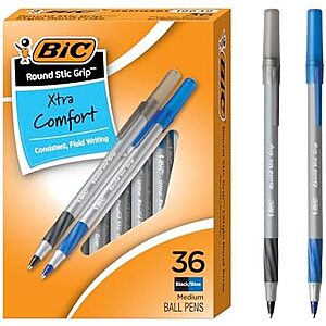 [SnS] $4.38 | 36-Count BIC Round Stic Grip Xtra Comfort Ballpoint Pens (Medium Point, Black & Blue) at Amazon