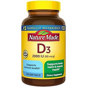 [SnS, AC] $6.87* | 250-Count Nature Made Vitamin D3 2000 IU Softgels Dietary Supplement (50 mcg) at Amazon