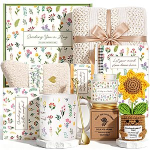 Get Well Gifts for Women After Surgery: 10-Piece Gift Box w/ plush flannel blanket, ceramic mug with gold spoon, elegant gold pen, scented candle, crocheted sunflow $19.99