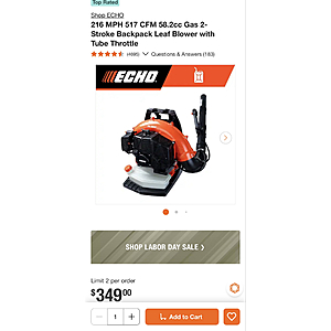 Echo PB-580t Backpack Leaf Blower $349