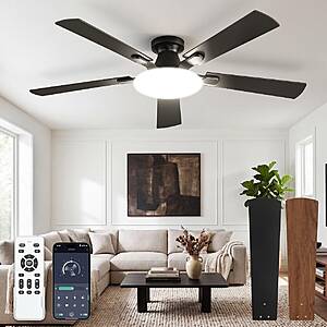 LEDIARY 52in Flush Mount Ceiling Fan w/ Light, APP & Remote Control $49 + Free Shipping