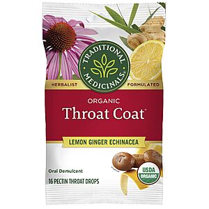 $2.36 S&S/Q Traditional Medicinals Organic, Throat Coat Lozenges, Lemon Ginger Echinacea - Herbal Cough Drops, 16 ct