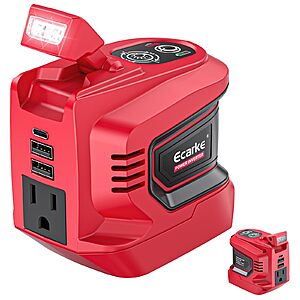 Ecarke 220W Portable Power Inverter Compatible with Milwaukee 18V Battery (Tool Only), DC 18V to AC 110V Power Station with 1 AC Outlet, 2 USB-A, 1 Type-C & LED Light $20.99