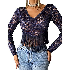Avidlove Women Lace Crop Top V Neck Long Sleeve Sheer Lace Fringe Hem Tops $6.99