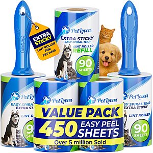 $8.99 S&S AMAZON PetLovers Extra Sticky Lint Roller Mega Value Set 450 Sheets for Pet Hair Removal and Clothes, Dog and Cat Lint Remover 5 Pack