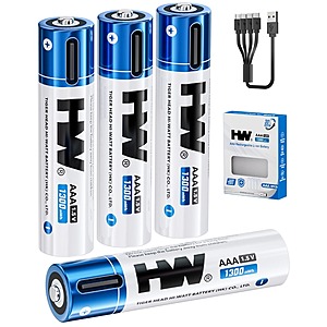 4 Pack HW USB Rechargeable AAA Lithium Batteries 1.5V with A-C Cable - 1000+ Cycles | Fast Charging $7.82 + Free Shipping w/Prime or $35+