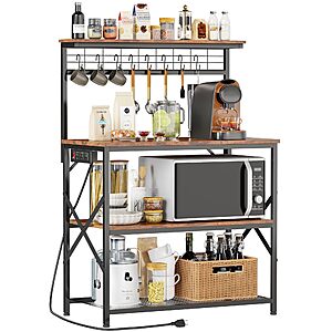 $60 FS AMAZON Furologee Kitchen Bakers Rack with Power Outlet,Coffee Stand with Storage 4 Tiers,Coffee Bar Station with a 31.5 Inch Larger Desktop and 8 S Hooks