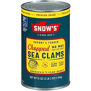 Snow's Chopped Sea Clams in Clam Juice, 51 oz Bulk Can as low as $8.28 after 5+subscribe and save and 20% coupon on the page. $8.26