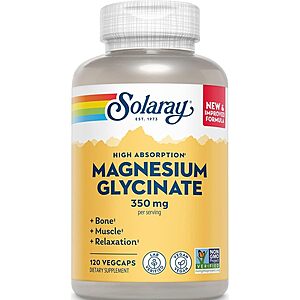 Solaray Enhanced Absorption Magnesium Glycinate 350mg (120-Count VegCaps) $16.55 w/ S&S + Free Shipping w/ Prime or on $35+
