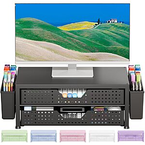 OPNICE Desk Organizer and Accessories, 2-Tier Computer Monitor Stand Riser with Drawer and 2 Pen Holders Matte Black $23.99