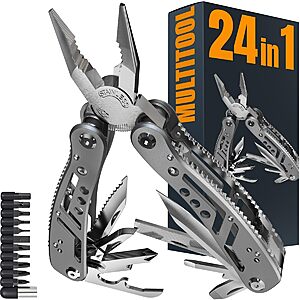 24-in-1 Multitool with Knife, Pliers & 11 Screwdriver Bits Sharp Stainless Steel $9.99