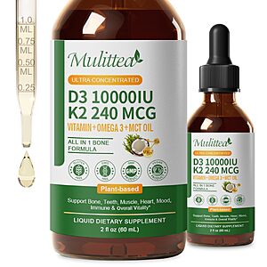 Mulittea (2 Pack) Vitamin D3 K2 Liquid 10000 IU w/ MK7, Omega-3 & MCT Oil $10.24