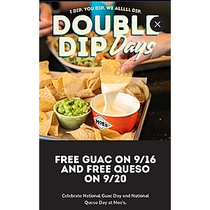 Free Quac on 9/16 and Free Queso on 9/20 @ Moe's Southwest Grill