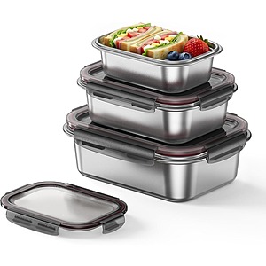 GENICOOK 3-Pack Stainless Steel Lunch Food Containers w/ Leakproof Lids (22oz, 44oz, & 76oz) $26 + Free Shipping