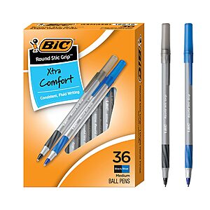 36-Count BIC Round Stic Grip Xtra Comfort Ballpoint Pens (Medium Point, Black & Blue) $3.92 w/ S&S + Free Shipping w/ Prime or on orders over $35