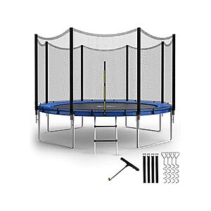 12ft Simple Deluxe Trampoline for Kids with Safety Enclosure Net Wind Stakes 400LBS Weight Capacity, with Ladder Blue Outside Net, $119.99, FS Prime