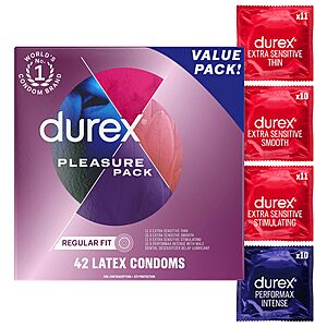 Durex Pleasure Pack Assorted Thin Condoms, Exciting Mix of Sensation and Stimulation, Lubricated Natural Rubber Latex Condoms for Men, 42 Count $14.16