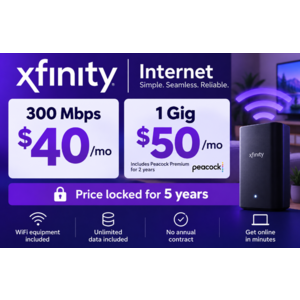 Xfinity New Customers: 300 Mbps Internet $40/Month or 1 Gig $50/Month for 5 Years + WiFi Equipment & Unlimited Data