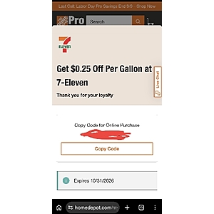 7-Eleven code @ HomeDepot for extra $0.25 Off Per Gallon
