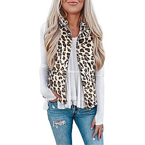 LOMON Women's Leopard Sleeveless Zipper Sherpa Vest Vests for Women Jacket with Pockets Apricot Leopard S $11.4