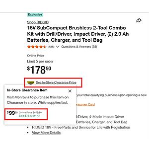 YMMV Home Depot In-Store Clearance: RIDGID 18V SubCompact Brushless 2-Tool Combo Kit with Drill/Driver, Impact Driver, (2) 2.0 Ah Batteries, Charger, and Tool Bag $99.5