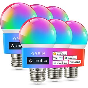 6-Pack OREiN Matter A19 RGBTW Color Changing Smart LED Light Bulbs $17.99 + Free Shipping w/ Prime or on $35+
