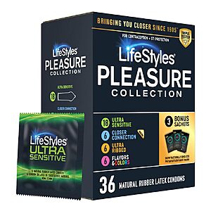 Lifestyles Pleasure Collection Assorted Lubricated Natural Latex Condoms, 36 Count, 3 Bonus Personal Lubricant Sachets, Triple Tested (Pack of 1) - $10.84 with S&S